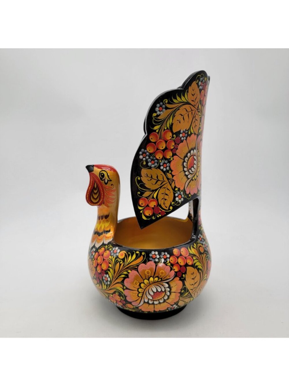 Vintage Khokhloma Folk Art Grouse Bowl Lacquerware W/ Floral Motif - Picture 2 of 8